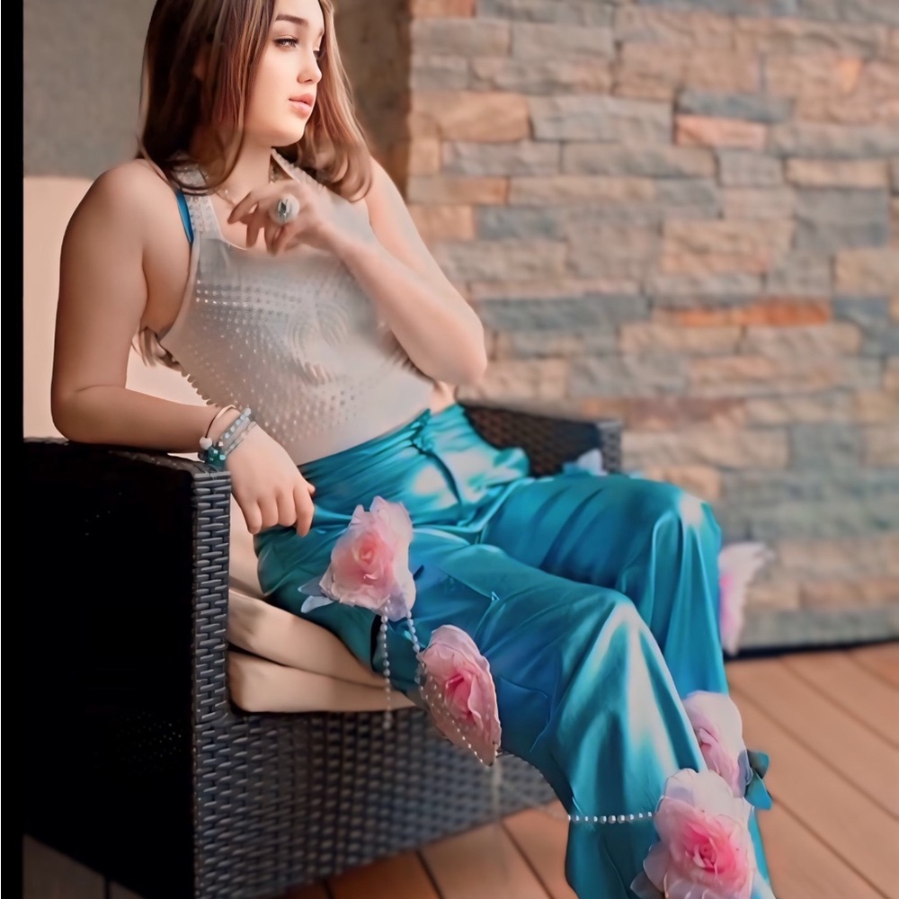 Floral Embellished Blue Faux Leather Cargo Pants